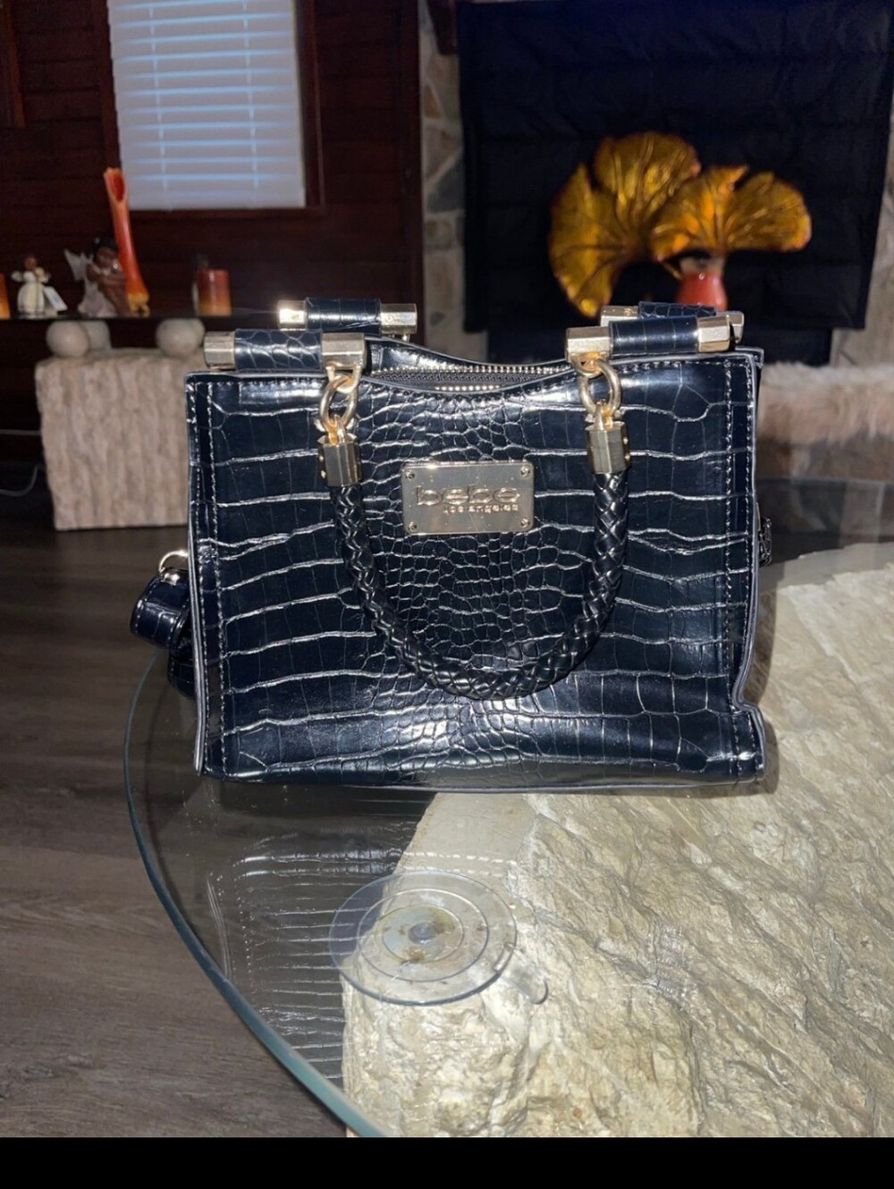 Bebe au Lait Black Croc-Embossed Mini Satchel with Gold Hardware